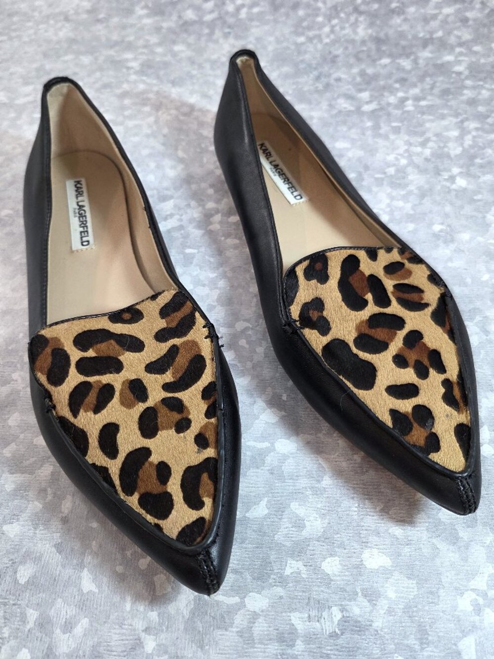 Karl Lagerfeld Destine Cheetah Print Pony Hair Black Leather Flats Size 11